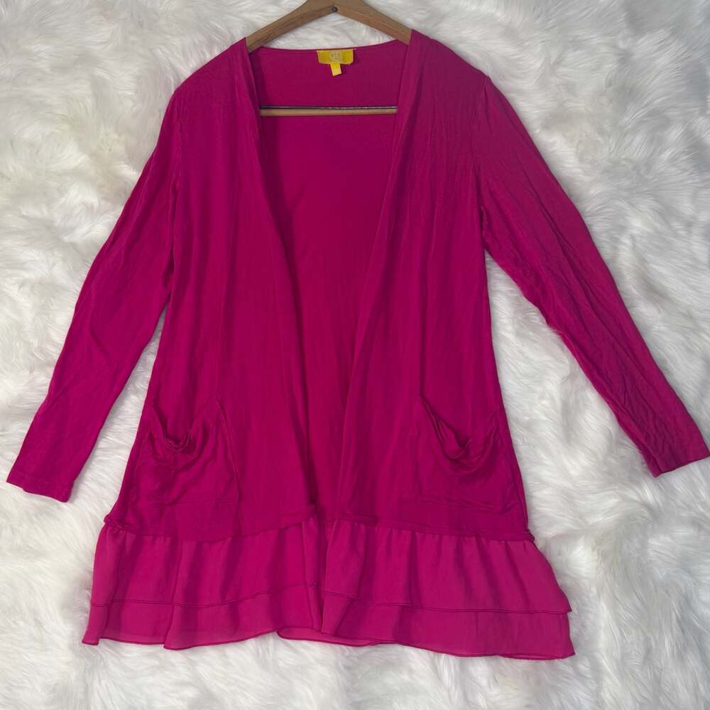 Liz Lange Open Front Cardigan L Hot Pink Long Sleeve Ruffled Hem Pockets